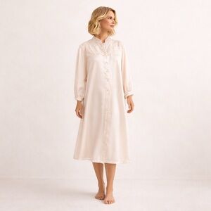 Vtg Edwardian Prairie Embroidered Nightgown Satin Heirloom Lace Light Blush L